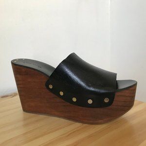 Zara Black Leather and Wood Platform Wedges Size 8